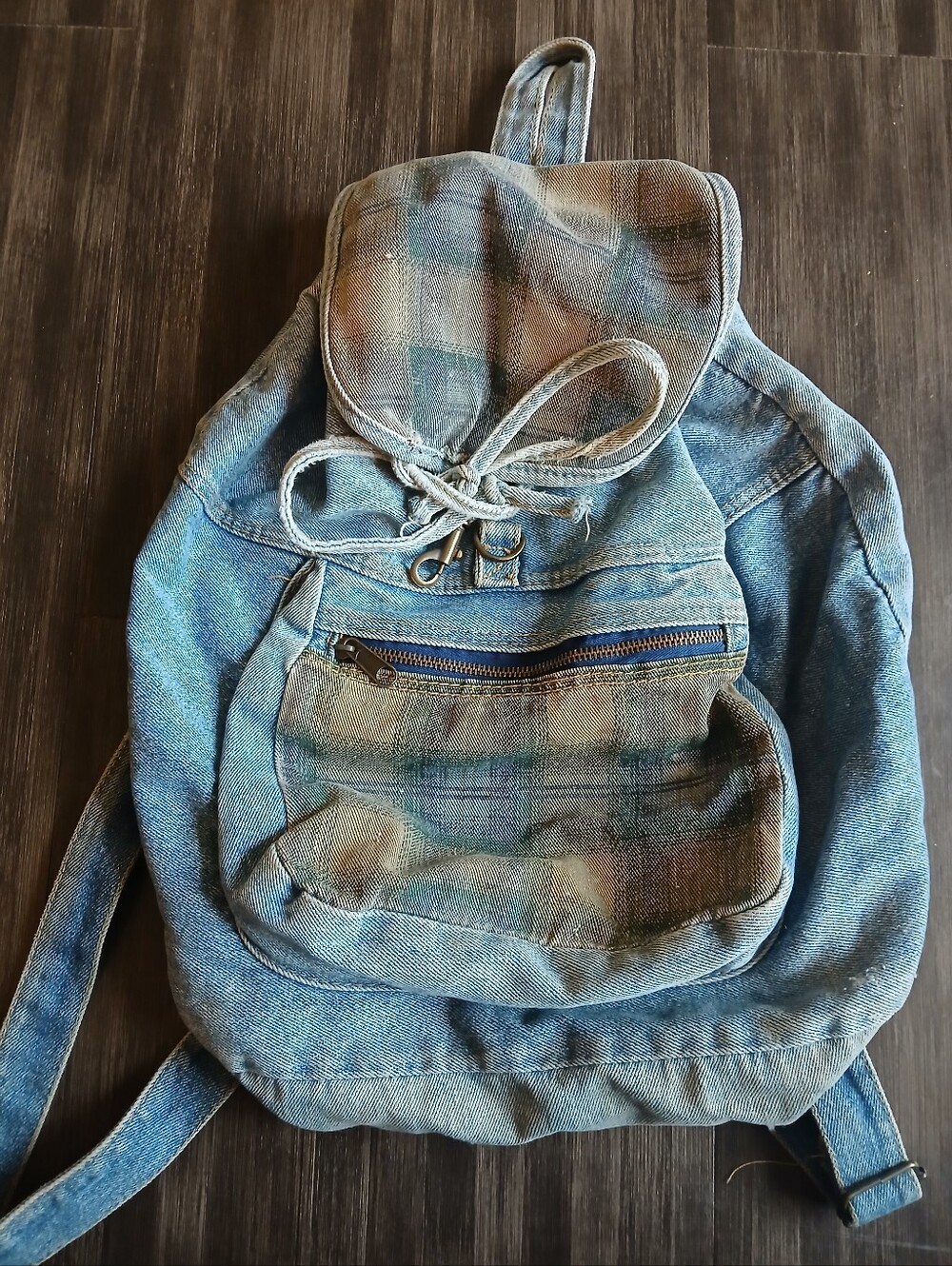 Vintage Y2K Denim And Plaid Drawstring Backpack